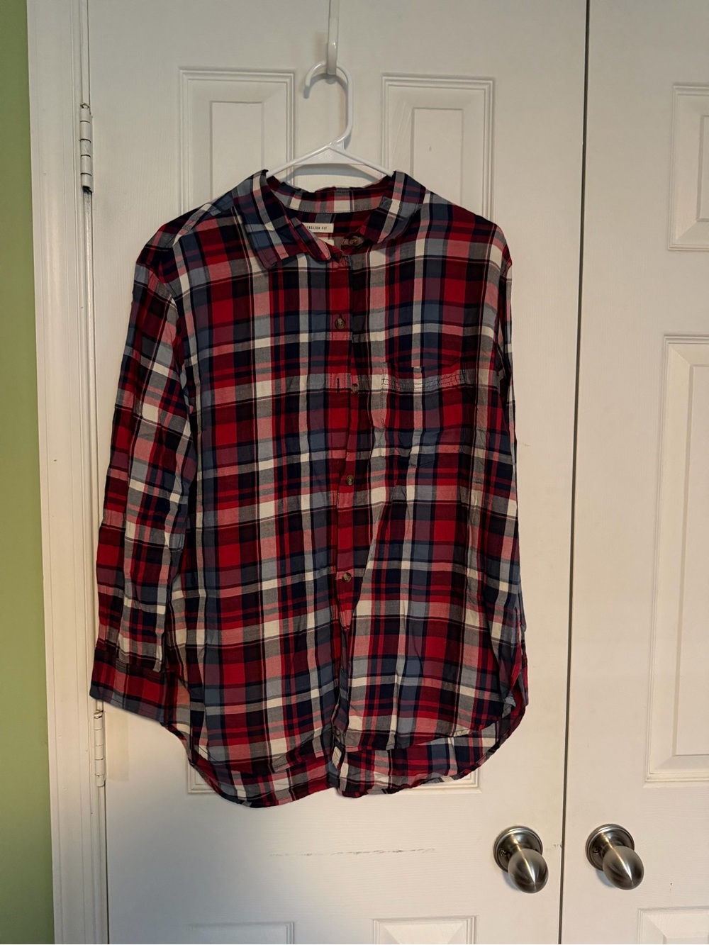 American Eagle Outfitters Red, Blue and White Plaid Button-Down Shirt